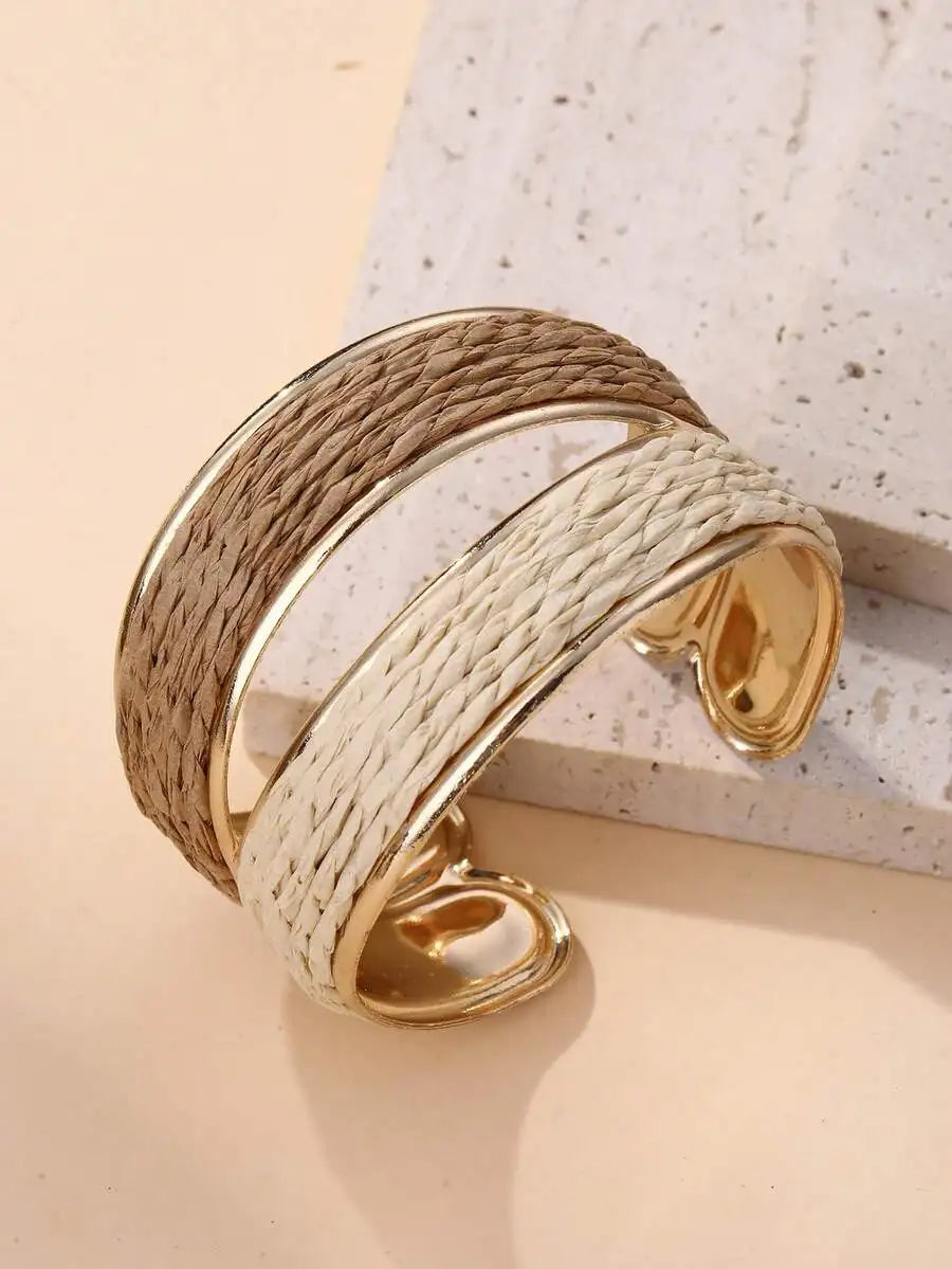 Handmade Bohemian Style Dual-Tone Open Bangle Bracelet, Exquisite And Textured