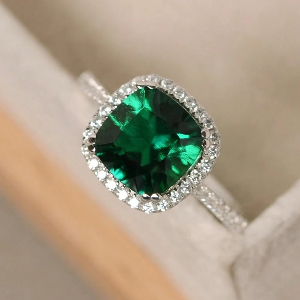 Square Green Cubic Zirconia Ring for Women High Quality