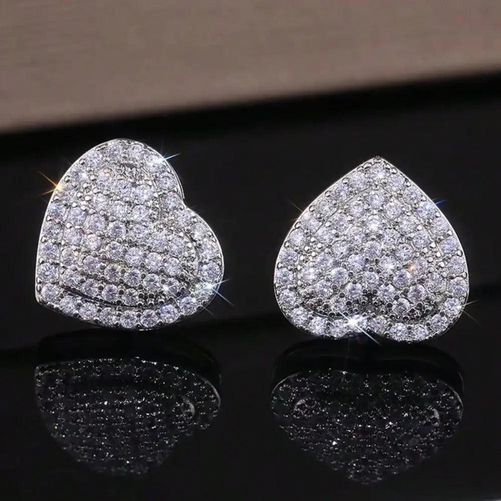 Full Paved Zircon Puffy Heart Stud Earrings Two Tone Gold Silver Plated