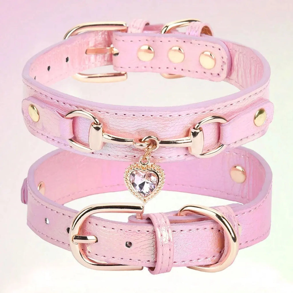 PU Leather Delicate Pet Dog Collar, High-Quality Leather Fabric and Alloy Fittings. Beautiful Gemstone Decoration
