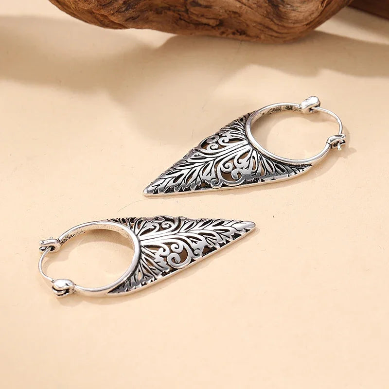 Vintage Silver Color Metal Hollow Carving Geometry Pattern Dangle Earrings for Women