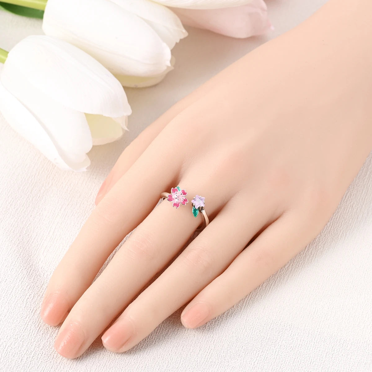 Cute Silver Rotating Cherry Blossom Open Adjustable Ring for Women