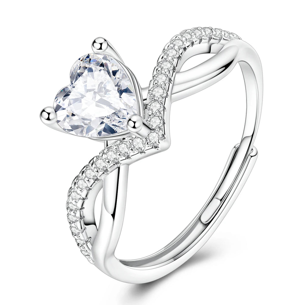 925 Sterling Silver Heart Zircon Sparkling Cubic Zirconia Open Adjustable Ring for Women