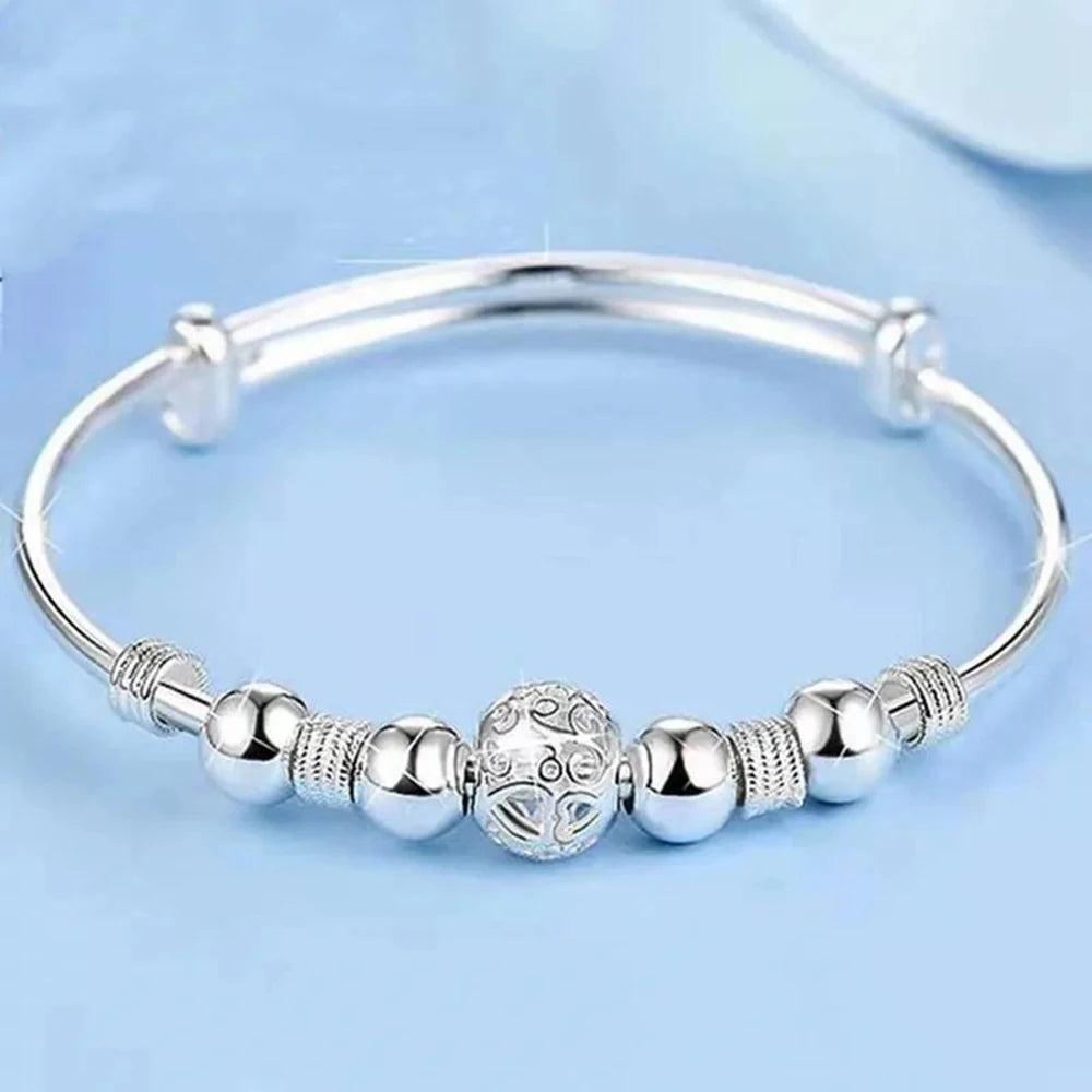 925 Sterling Silver Exquisite Beaded Bangle for Women, Stylish and Elegant Adjustable Bangle
