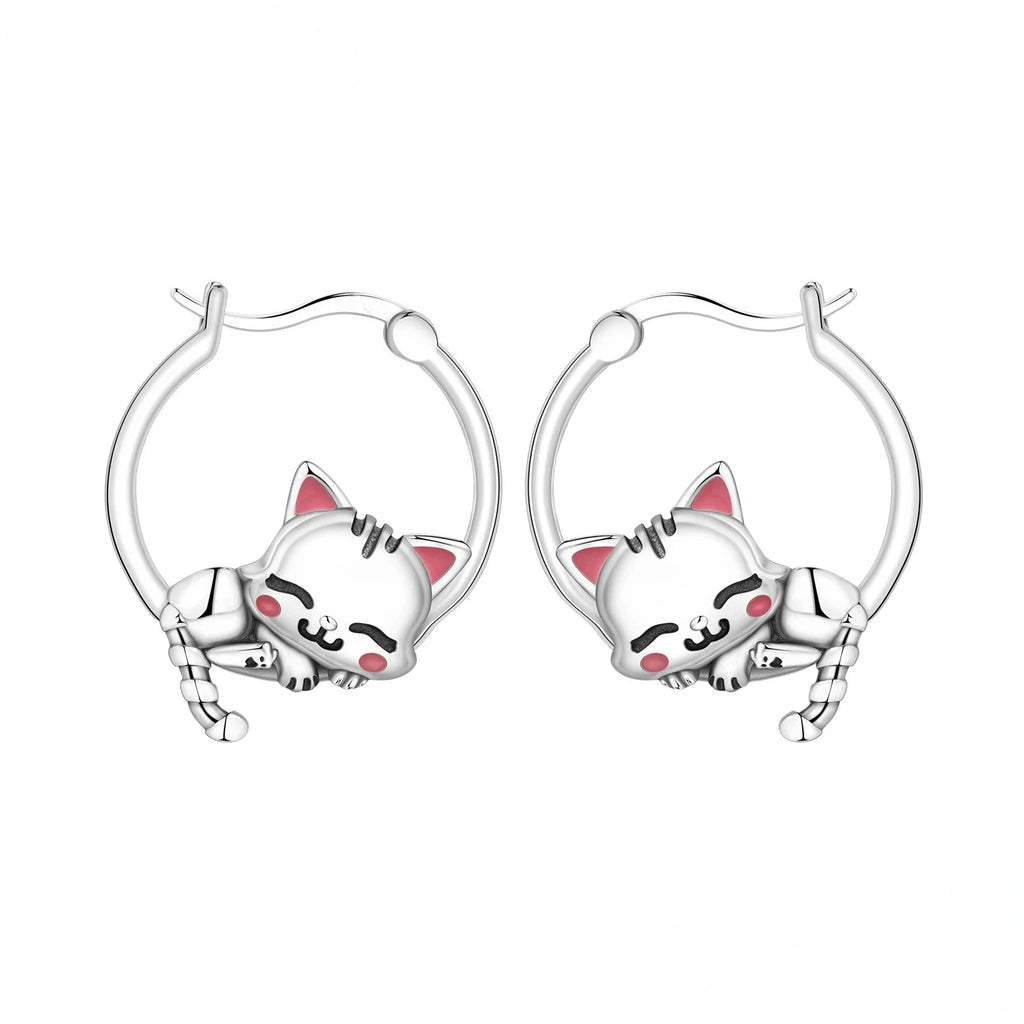 Cute Sleeping Cat Hoop Earrings Silver plated for Women Girls Daily Party Wear