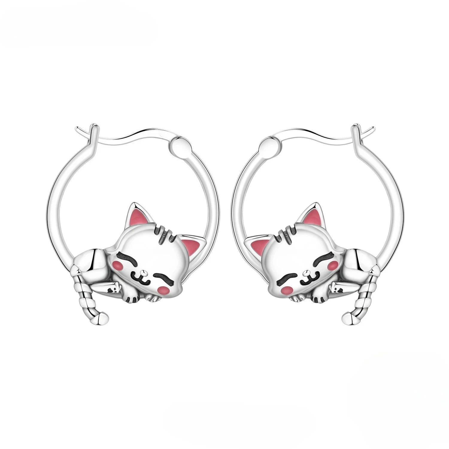 Cute Sleeping Cat Hoop Earrings Silver plated for Women Girls Daily Party Wear