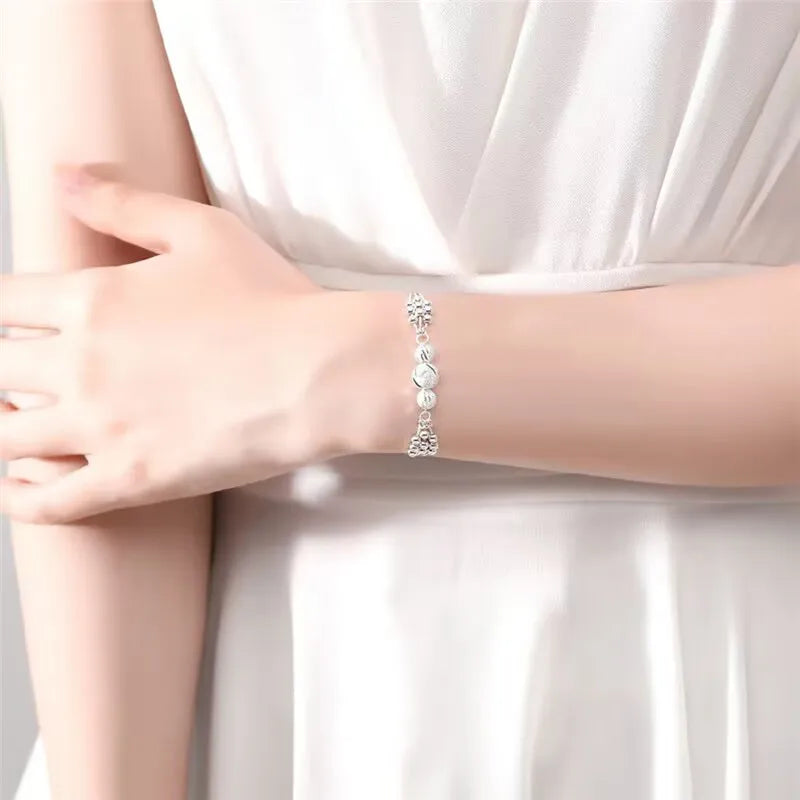Fine 925 Sterling Silver Lucky Beads Ball Chain Bracelet For Women