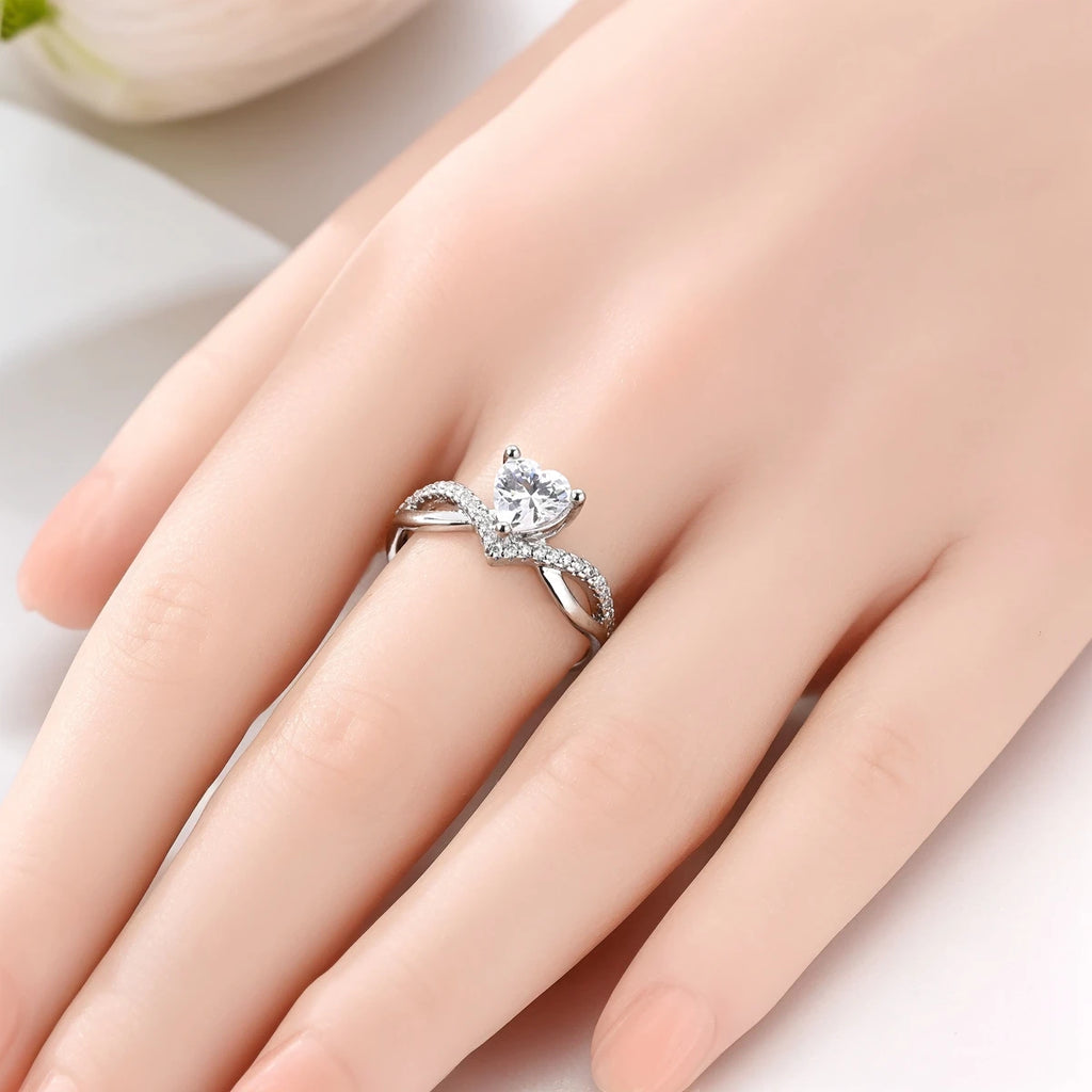 925 Sterling Silver Heart Zircon Sparkling Cubic Zirconia Open Adjustable Ring for Women