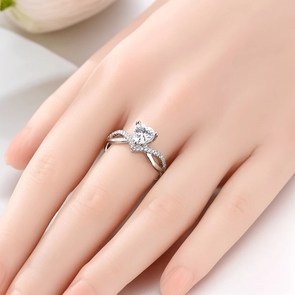 925 Sterling Silver Heart Zircon Sparkling Cubic Zirconia Open Adjustable Ring for Women