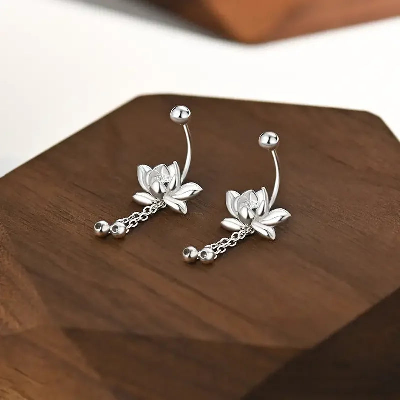 Cute 925 Sterling Silver Lotu Flower Stud Earrings Vintage Tassel Flower Earrings for Women