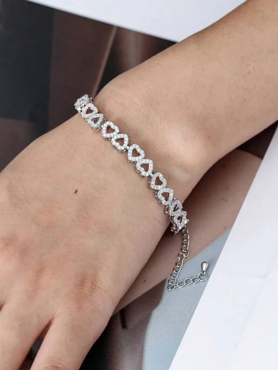 Luxury CuZirconia Heart Shaped Adjustable Bracelet, Minimalist Elegant Sparkly