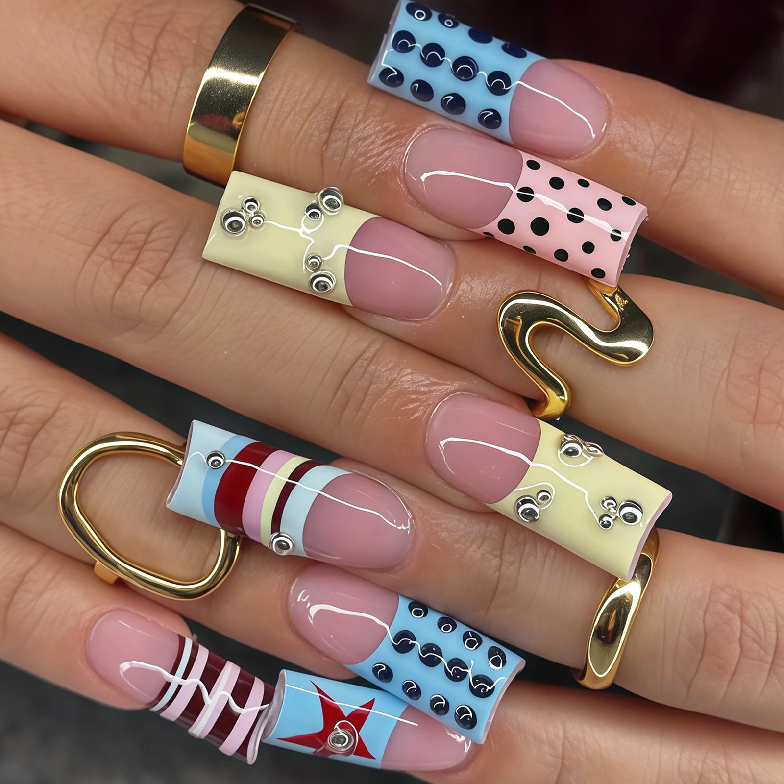 24PCS French Press on Nails Sweet Punk Vine Striped Pink Black French Nail Tip