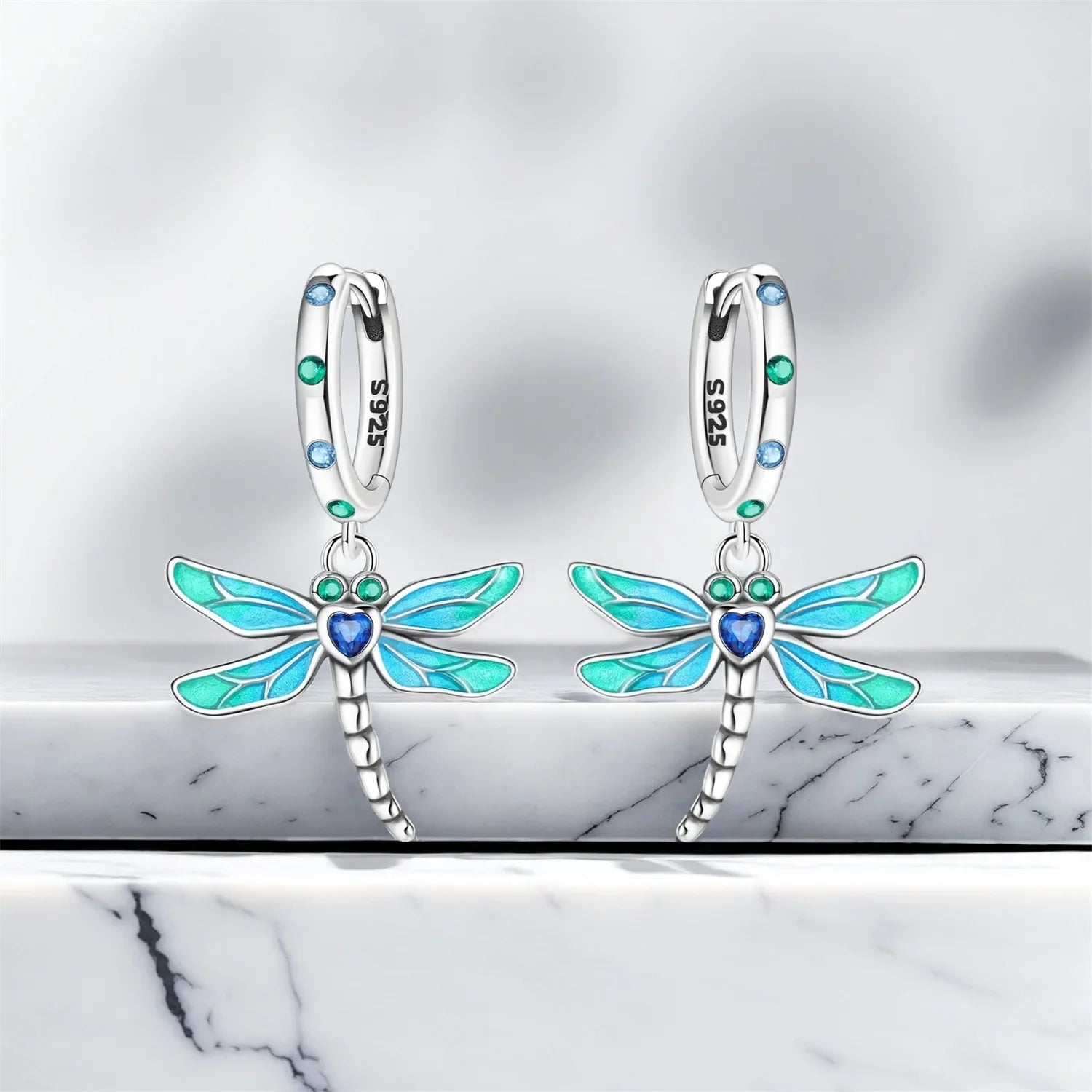 Beautiful S925 Sterling Silver Zirconia Butterfly Gradient Dragonfly Earrings