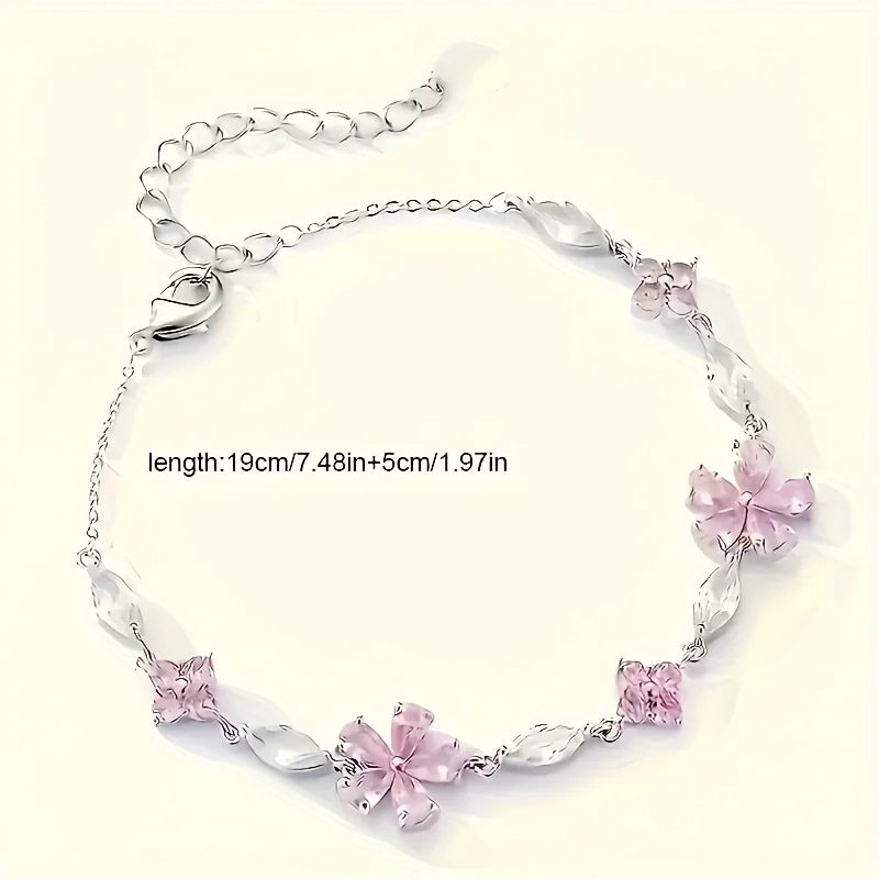 Ladies Pink Cherry Blossom Chain Bracelet, Stylish and Cute Exquisite Square Petal Cherry Blossom Bracelet Adjustable