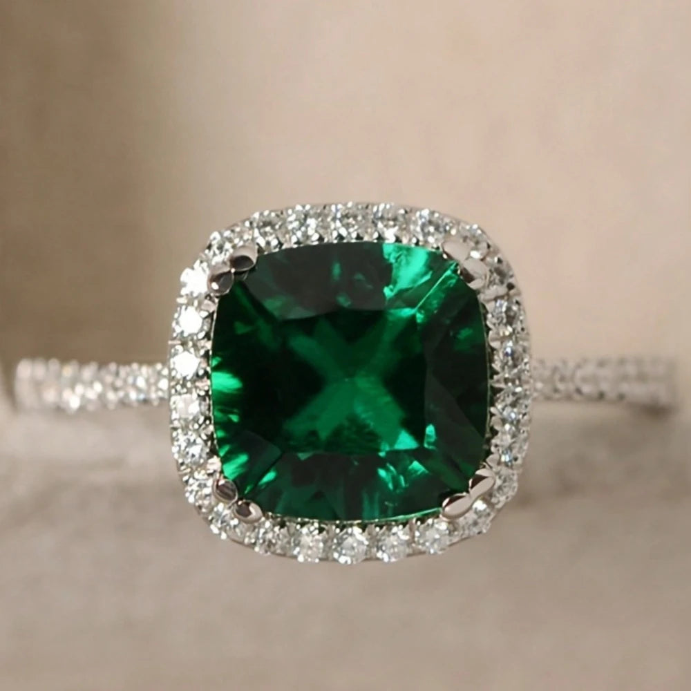 Square Green Cubic Zirconia Ring for Women High Quality