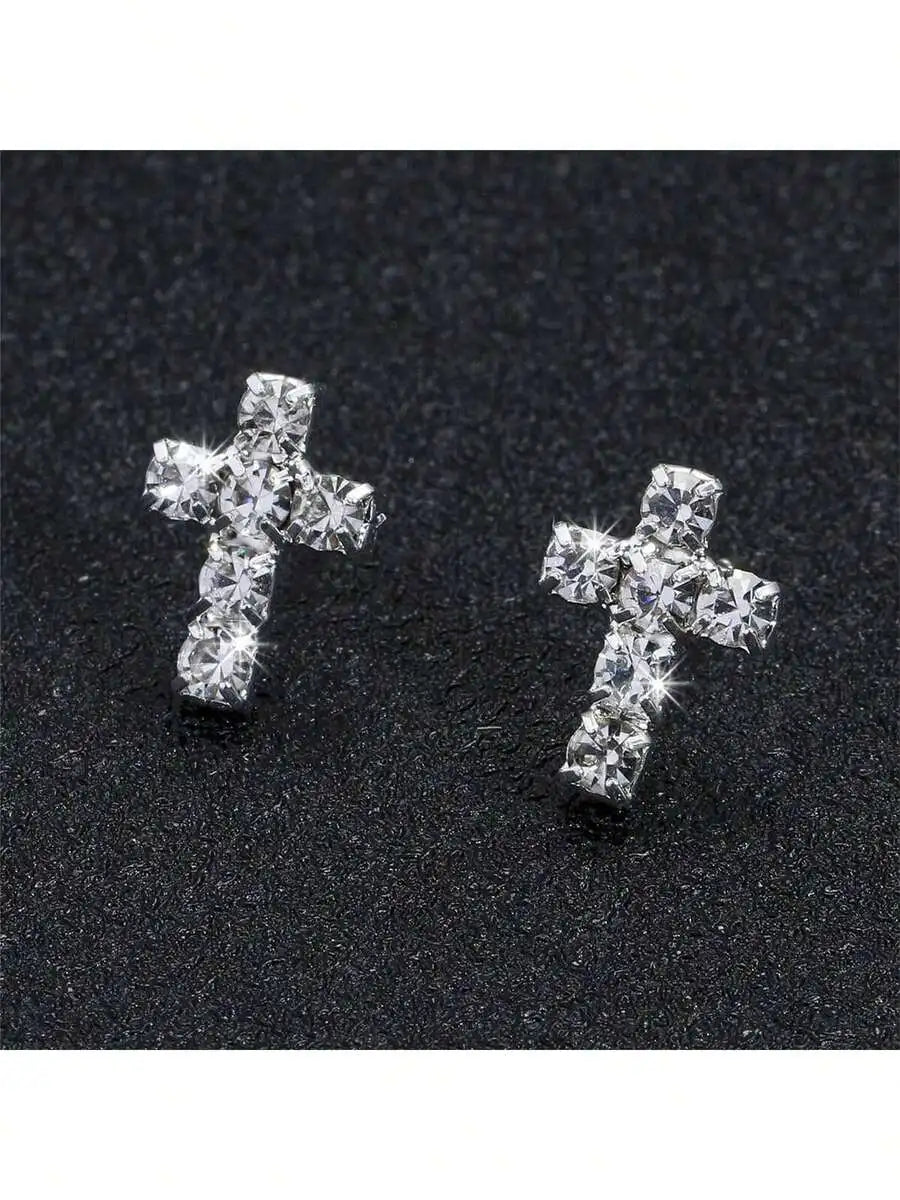 Elegant Sparkling Cross Stud Earrings For Daily Wear
