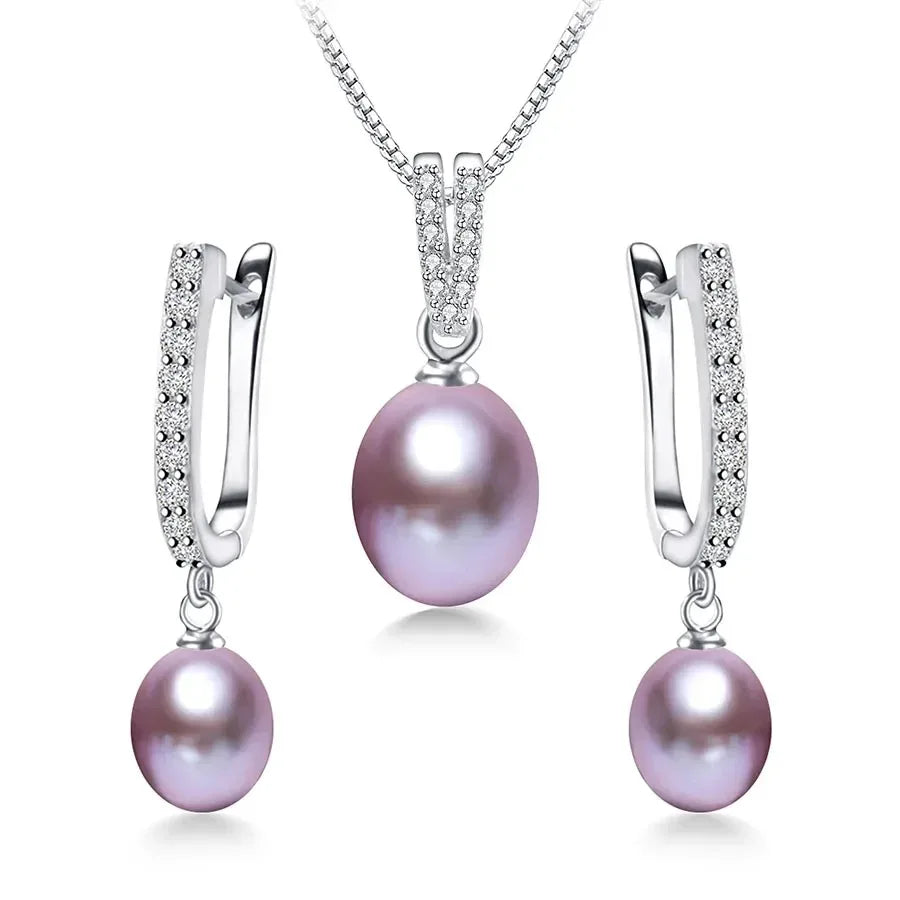 Luxury 8-9mm Rice Freshwater Pearl Earrings and Necklaces Jewelry Set for Women 925 Sterling Silver 45cm Pendant Necklace