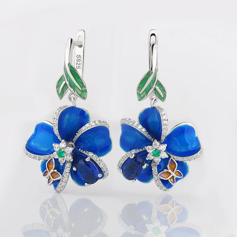 Beautiful 925 Sterling Silver Big Clip Earring Blue Enamel Flower Dangle Earring for Women