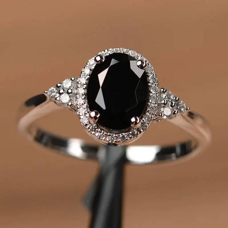 Black Oval Zircon Ring for Women Silver Tone Halo Setting Sparkling CZ Inlaid Elegant Light Luxury