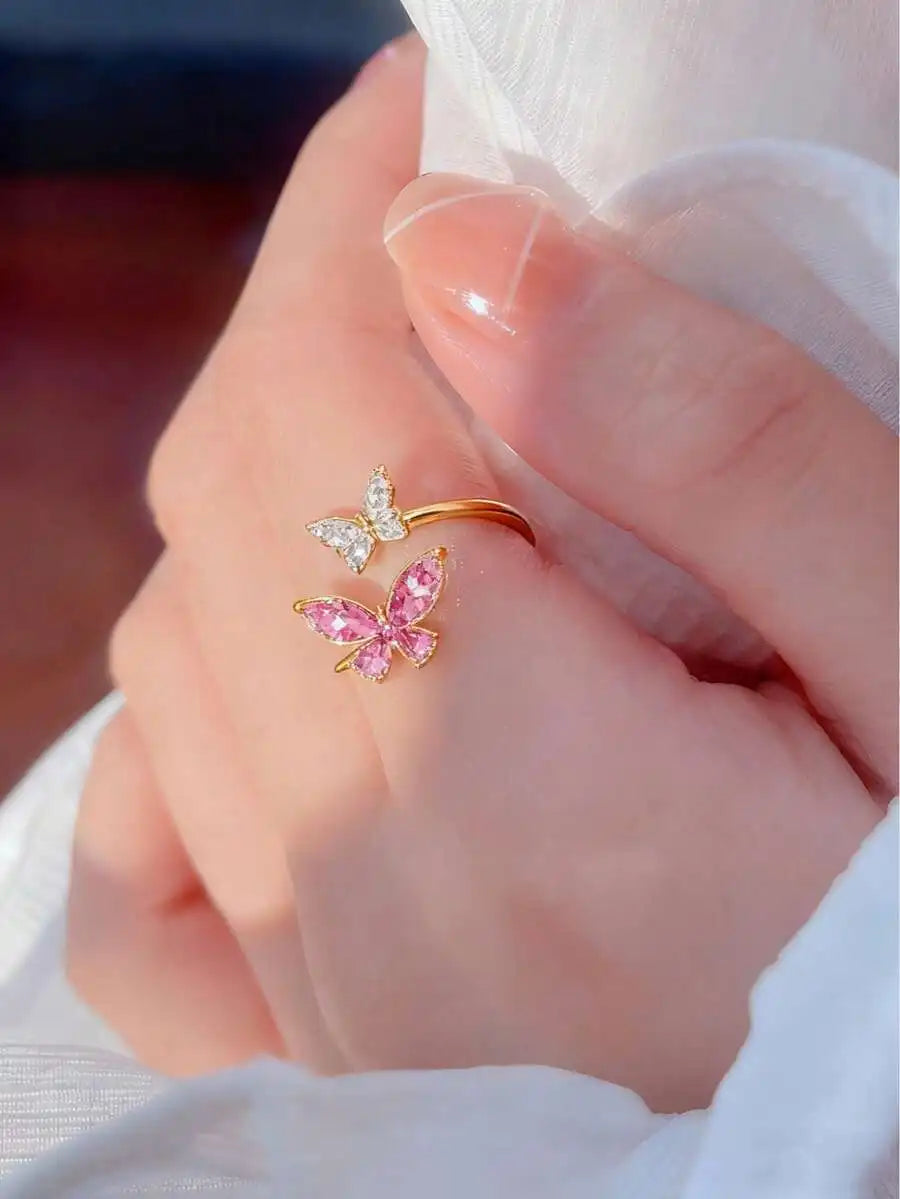 Butterfly Micro Inlaid Zirconia Adjustable Open Ring For Women