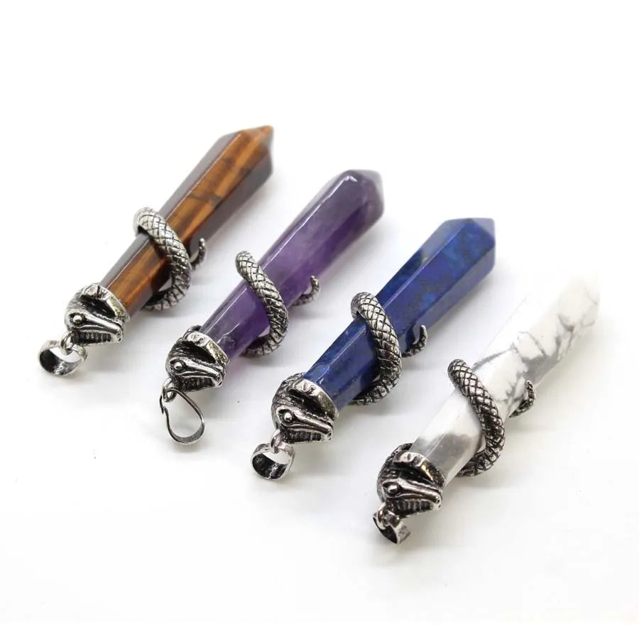 Snake Wrapped Crystal Hexagon Column Stone Pendulum Pendants