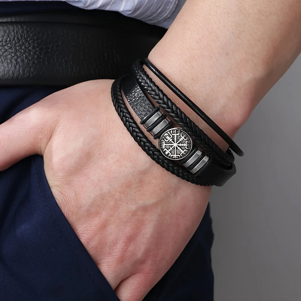 A Stylish Punk Multi-Layer Men's Bracelet, Trendy Compass Bracelet, Woven Rope Bracelet