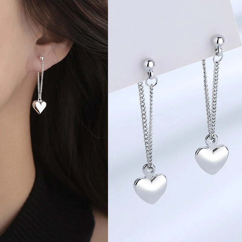 Silver Needle Earrings for Women Smooth Heart Chain Tassel Earrings