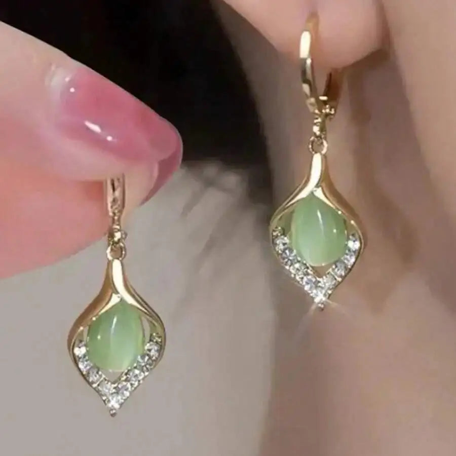 Elegant Teardrop Green Gemstone Earrings With Crystal Accents For Women