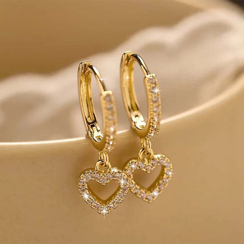 Luxury Crystal Zircon Heart Pendant Earrings For Women Fashion Gold Color Hollow Circle Geometric Ear Buckle Wedding Jewelry