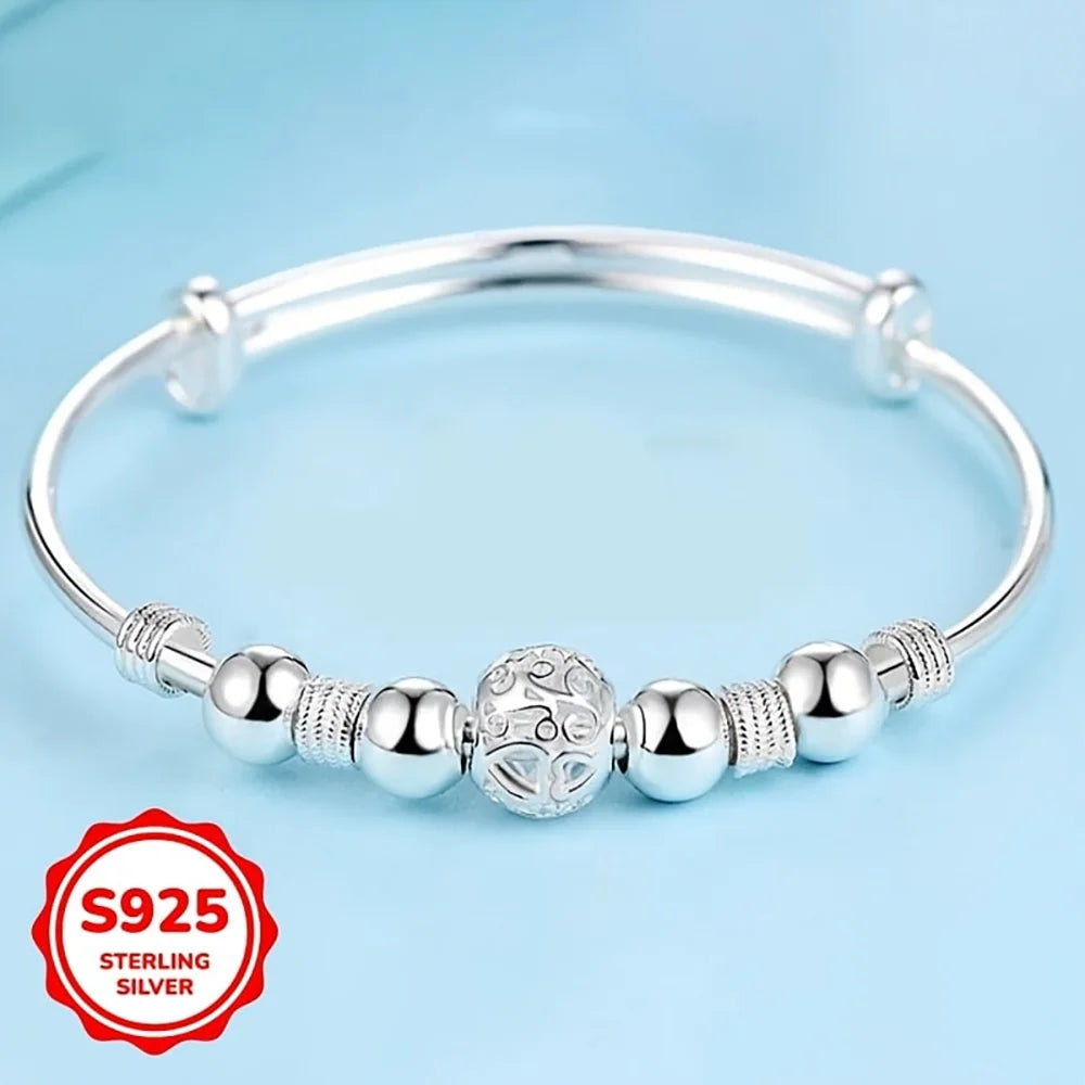 925 Sterling Silver Exquisite Beaded Bangle for Women, Stylish and Elegant Adjustable Bangle