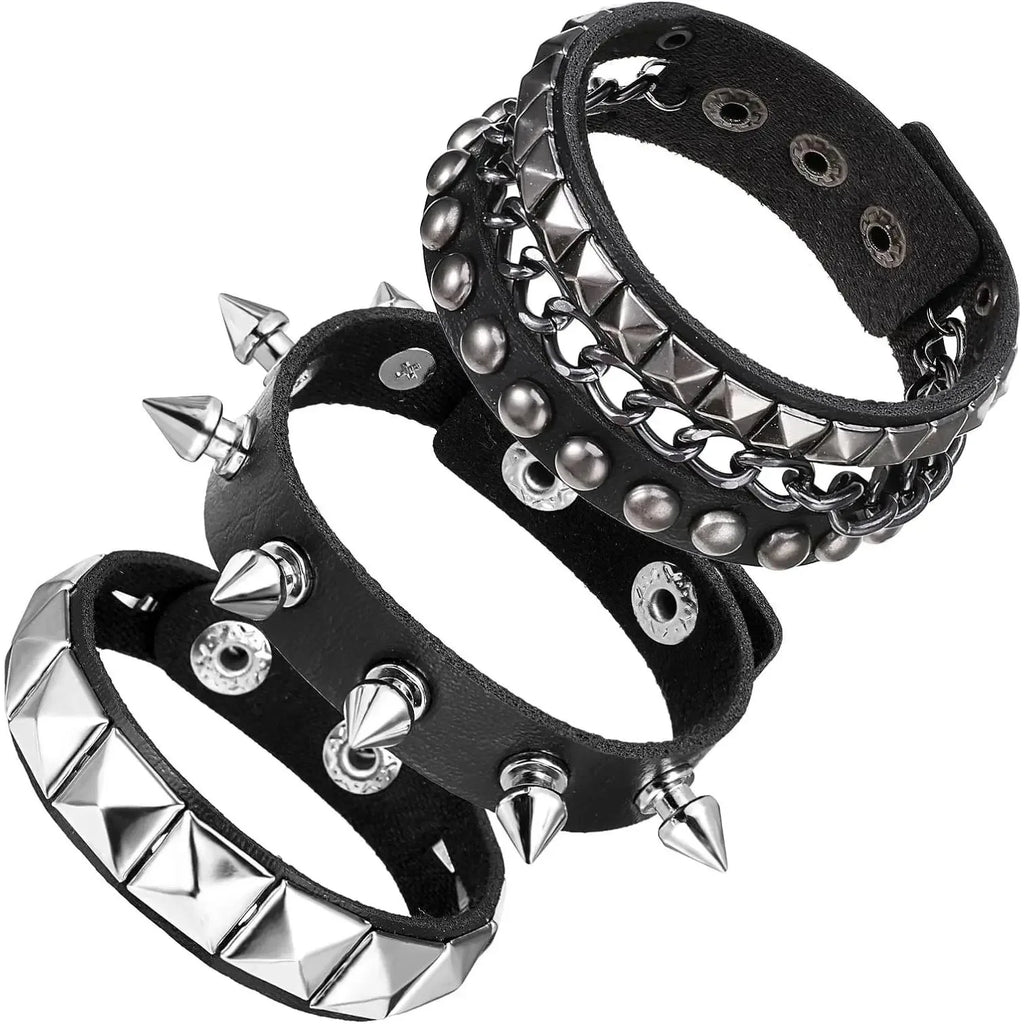 3 Piece Punk Rock Studded Bracelets Black Spiked Leather Cuff Bracelet for Men and Women Adjustable