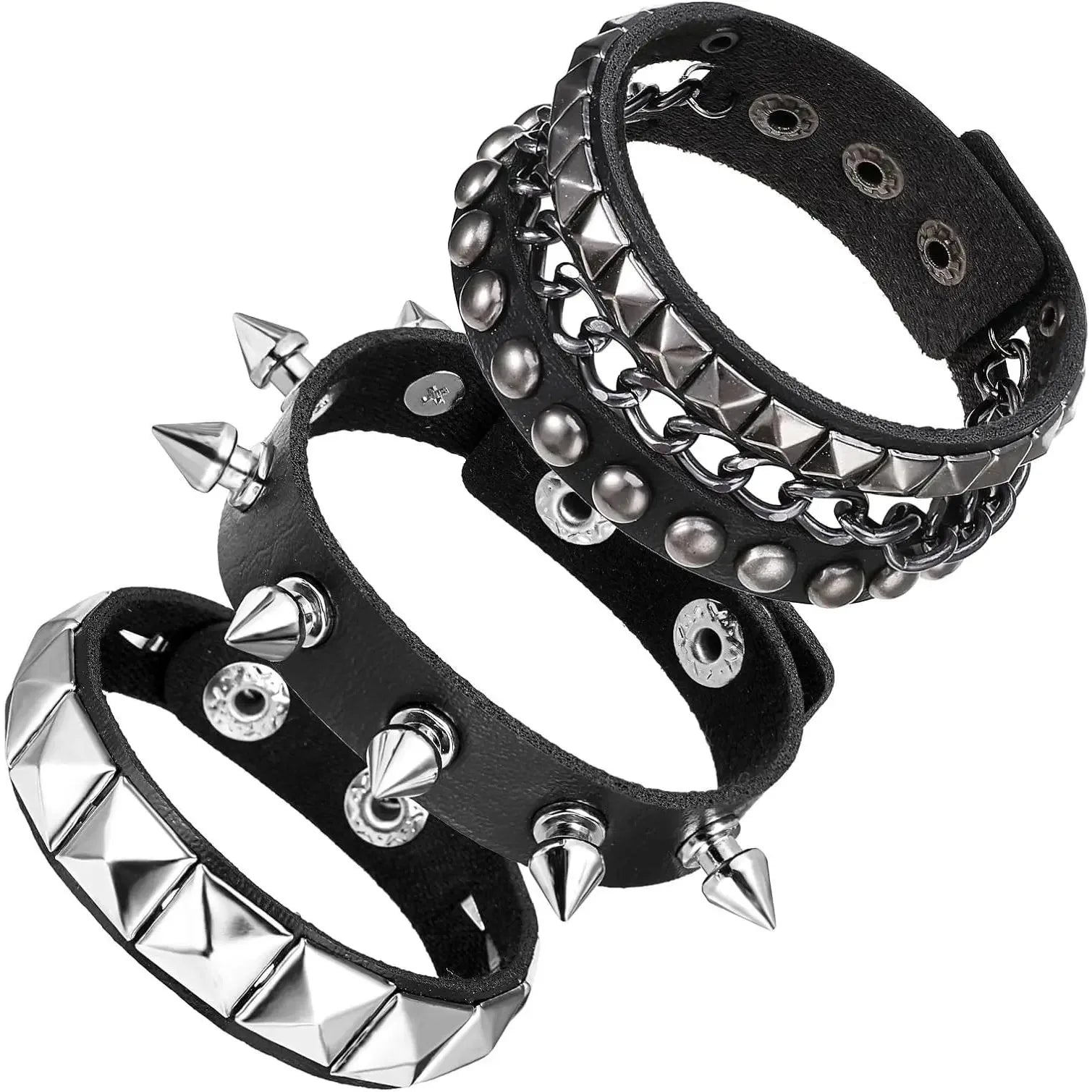 3 Piece Punk Rock Studded Bracelets Black Spiked Leather Cuff Bracelet for Men and Women Adjustable