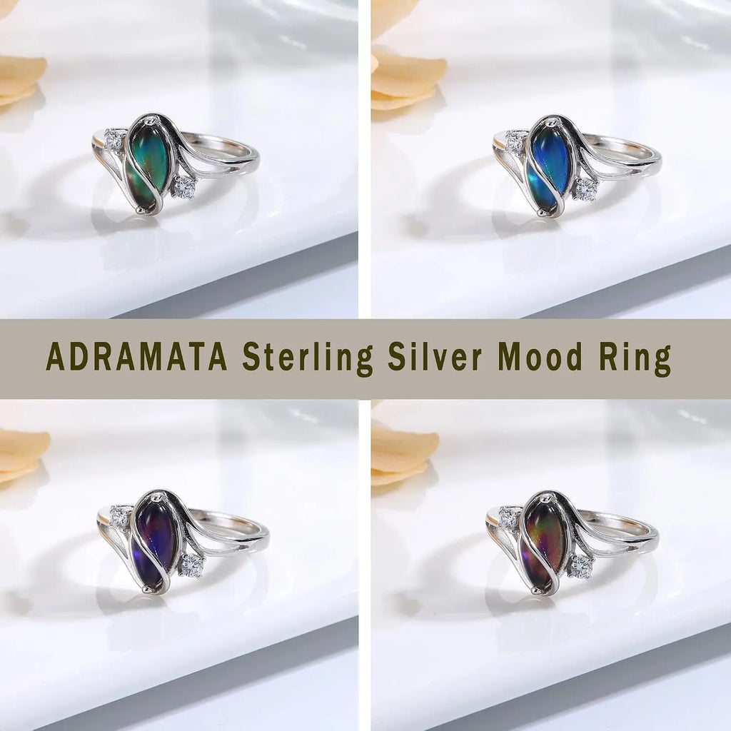 Elegant 925 Sterling Silver Rings for Women Mood Ring Color Change Cubic Zirconia Accents Ring Gold Plated Oval Solitaire Statement Silver Rings