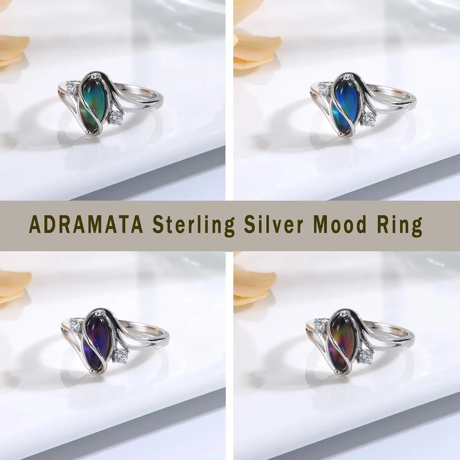 Elegant 925 Sterling Silver Rings for Women Mood Ring Color Change Cubic Zirconia Accents Ring Gold Plated Oval Solitaire Statement Silver Rings
