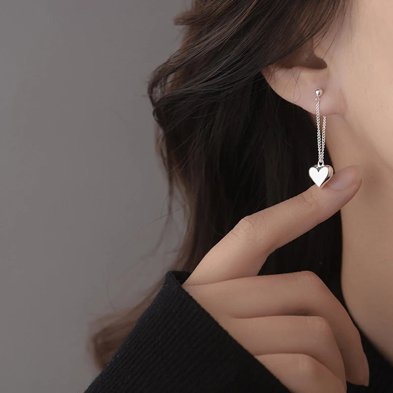 Silver Needle Earrings for Women Smooth Heart Chain Tassel Earrings