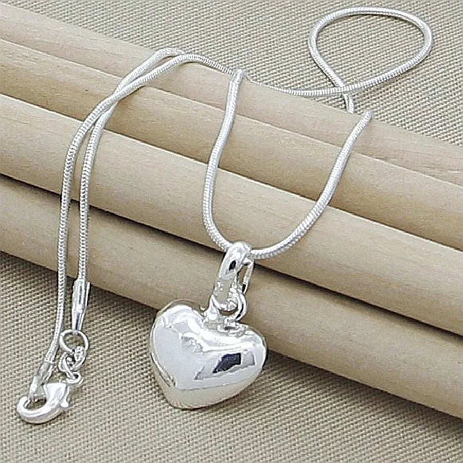 Charm Silver Solid Small Heart Pendant Necklace 16-30 Inch Snake Chain For Women