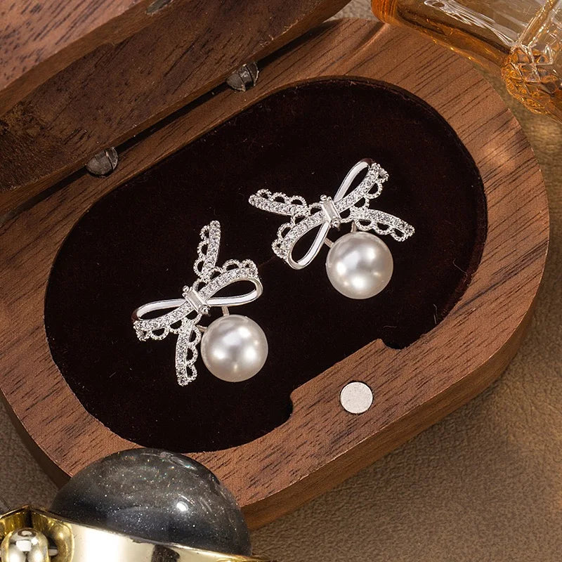 Cute Girl Fashion Trendy Lace Bow Pearl Earrings