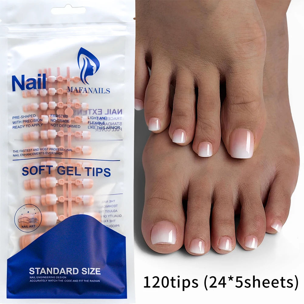 120Pcs Glossy Nude Pink French Press-On-Toenail Set 1*Box Short French Square  Fake Toe Nails Solid