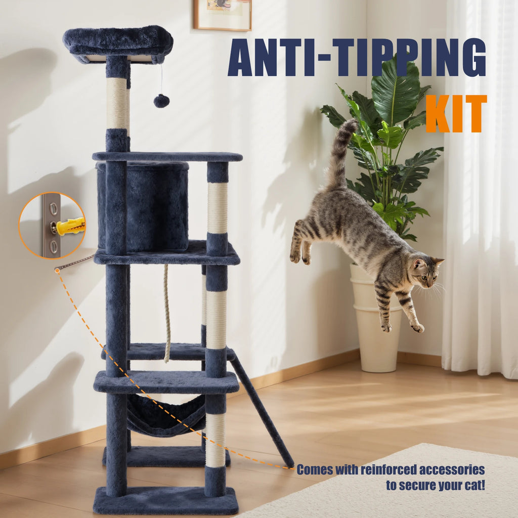 63In Cat Tree Tall Multi-Cat Climbing Tower Natural Sisal Scratching Posts Stable