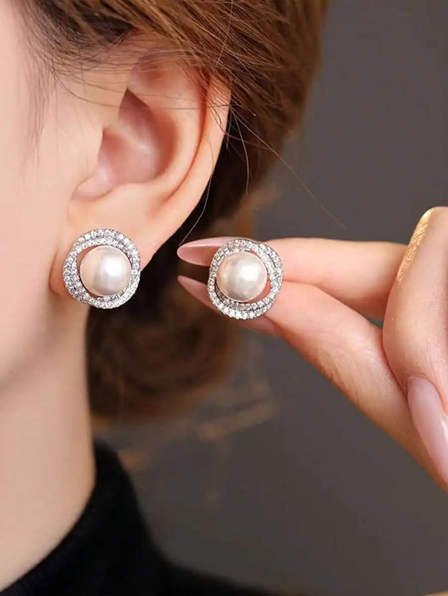 1 Pair Fashion Faux Pearl Earrings, Women's Platinum Flower Earrings, Crystal Jewelry