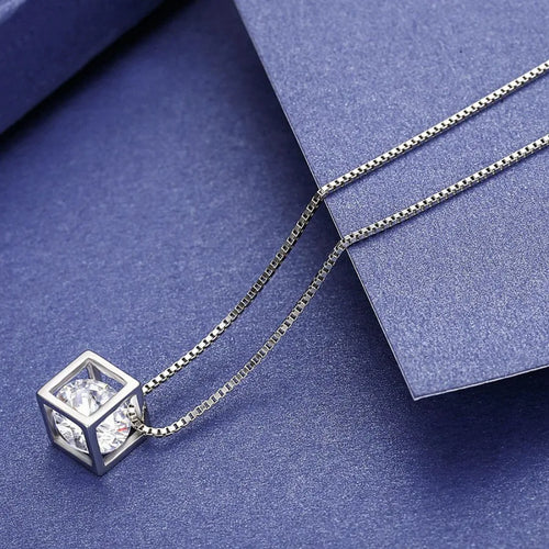 3D Hollow Square Cubic Zirconia Pendant Necklace for Women, Silver Plated Thin Snake Chain