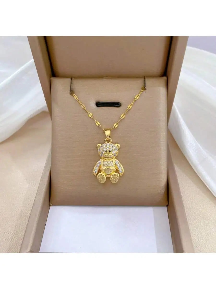 Cute Bear Pendant Necklace With Rhinestone Inlay For Women Titanium Steel Chain