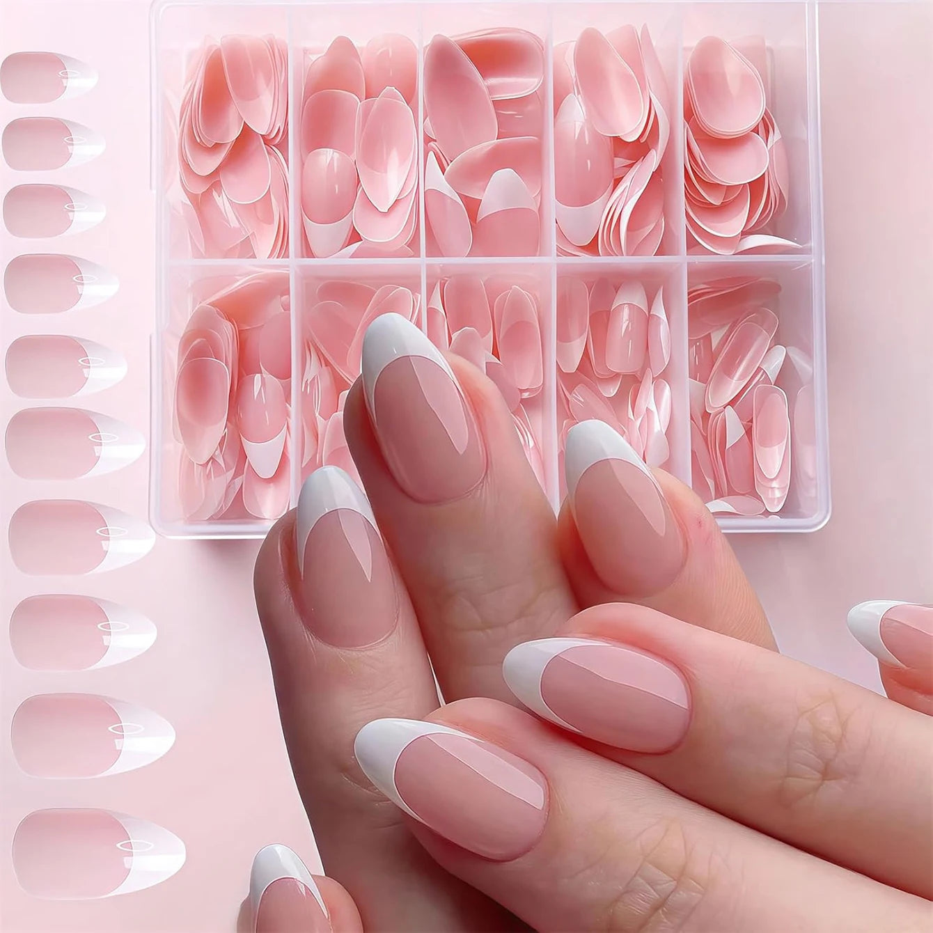 120 PCS Box Almond Shaped Pink Nail Piece White French Press On Nails