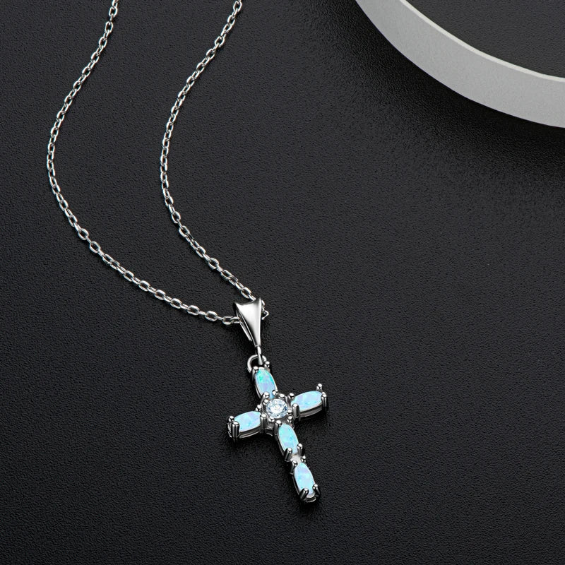Blue Synthetic Opal Cross Pendant Necklace 925 Sterling Silver Vintage Silver Color