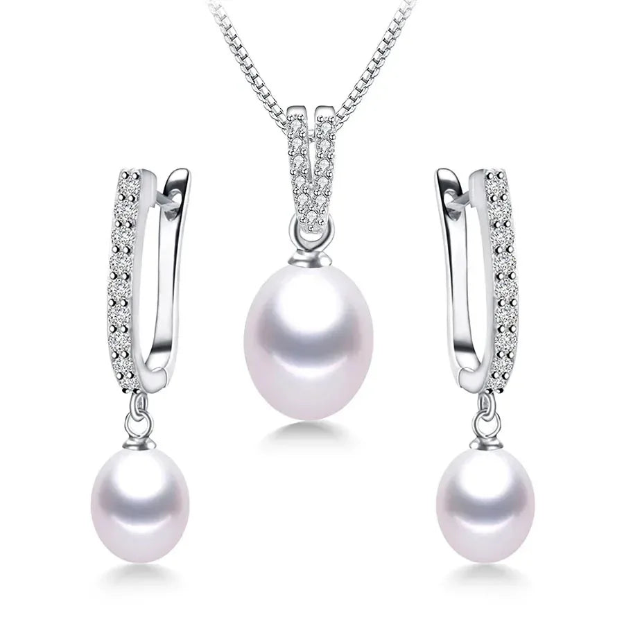 Luxury 8-9mm Rice Freshwater Pearl Earrings and Necklaces Jewelry Set for Women 925 Sterling Silver 45cm Pendant Necklace