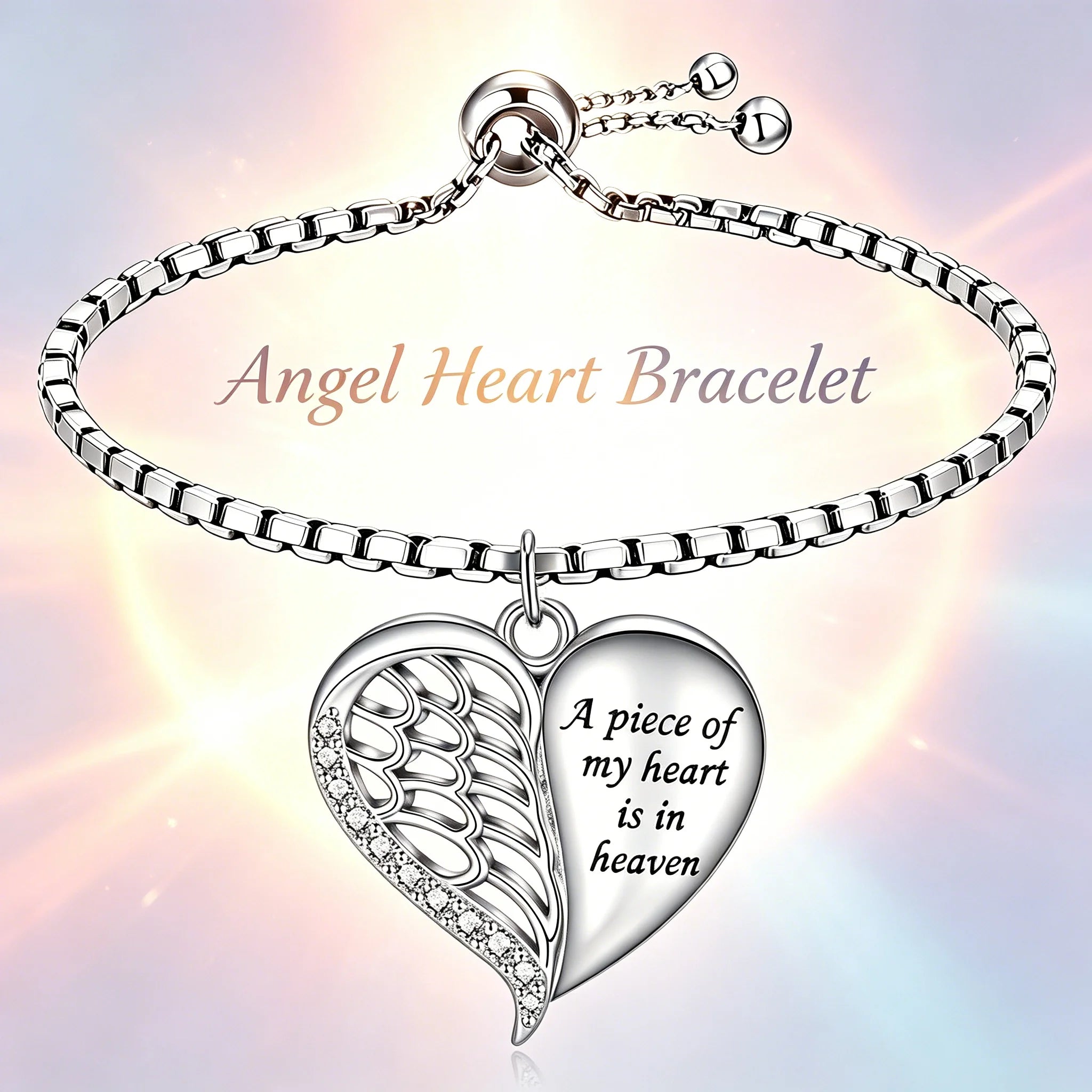 Smooth Polished Angel Heart Bracelet Half Wing Engraved Quote Charm Box Chain Adjustable Bracelet for Women