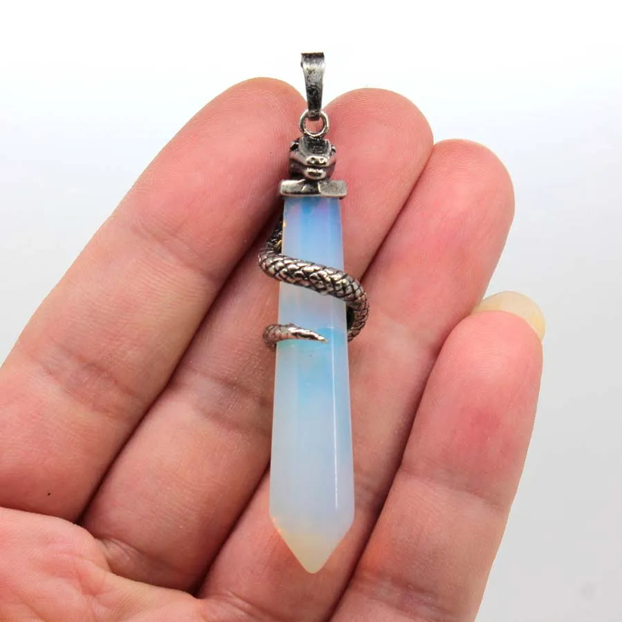 Snake Wrapped Crystal Hexagon Column Stone Pendulum Pendants