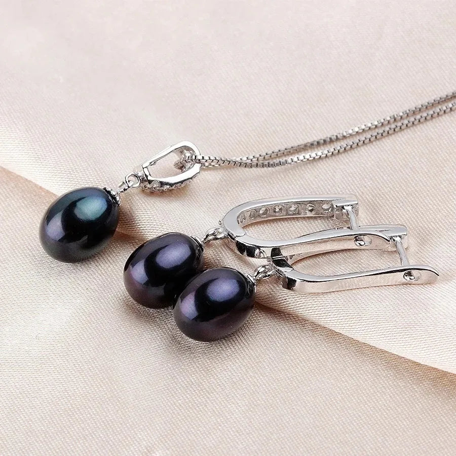 Luxury 8-9mm Rice Freshwater Pearl Earrings and Necklaces Jewelry Set for Women 925 Sterling Silver 45cm Pendant Necklace