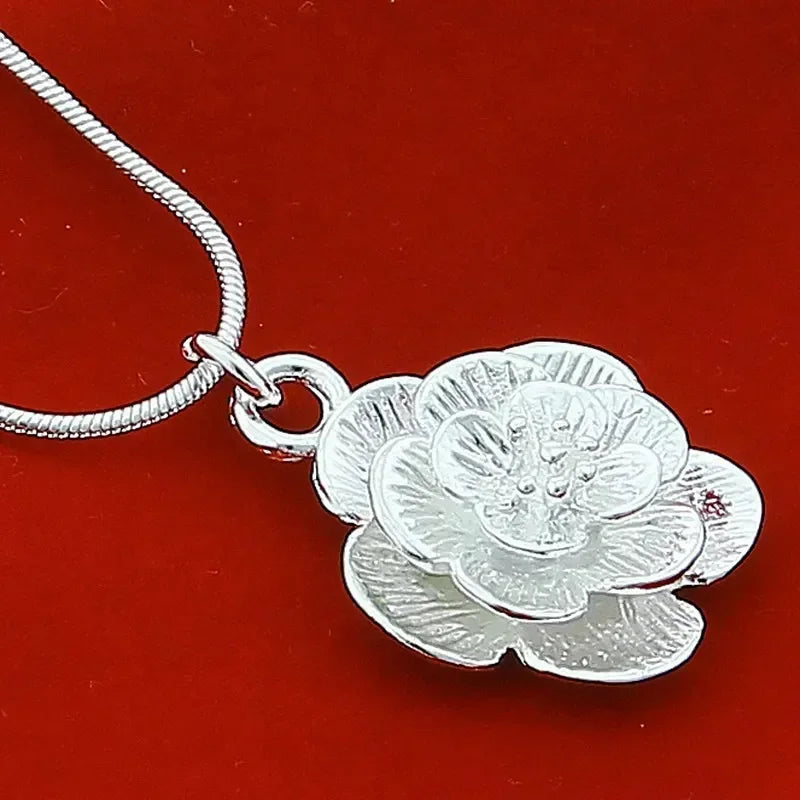 18/20-24/26/30 Inch Snake Chain For Women  Silver color Rose Flower Pendant Necklace