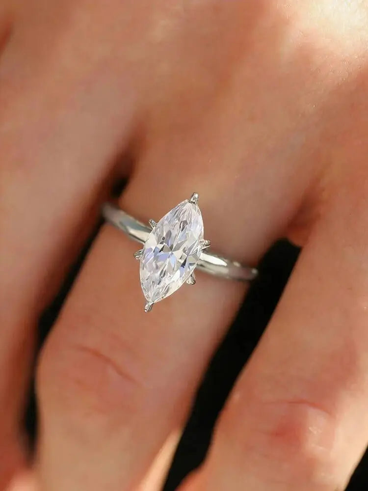 Beautiful 925 Sterling Silver Simple Classic Marquise Zircon Ring For Women